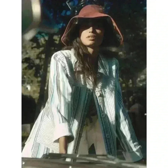 Anthropologie Maeve Oversize Denim Shirt S Shacket Jacket Boho Patchwork Stripe - Picture 4 of 14